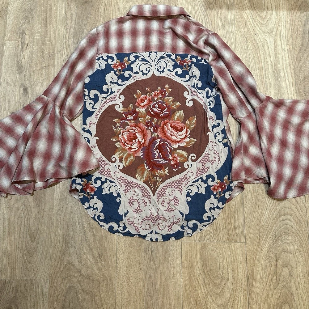 Aratta Silent Journey Top Womens Medium Multicolor Boho Floral Bell Sleeve Shirt
